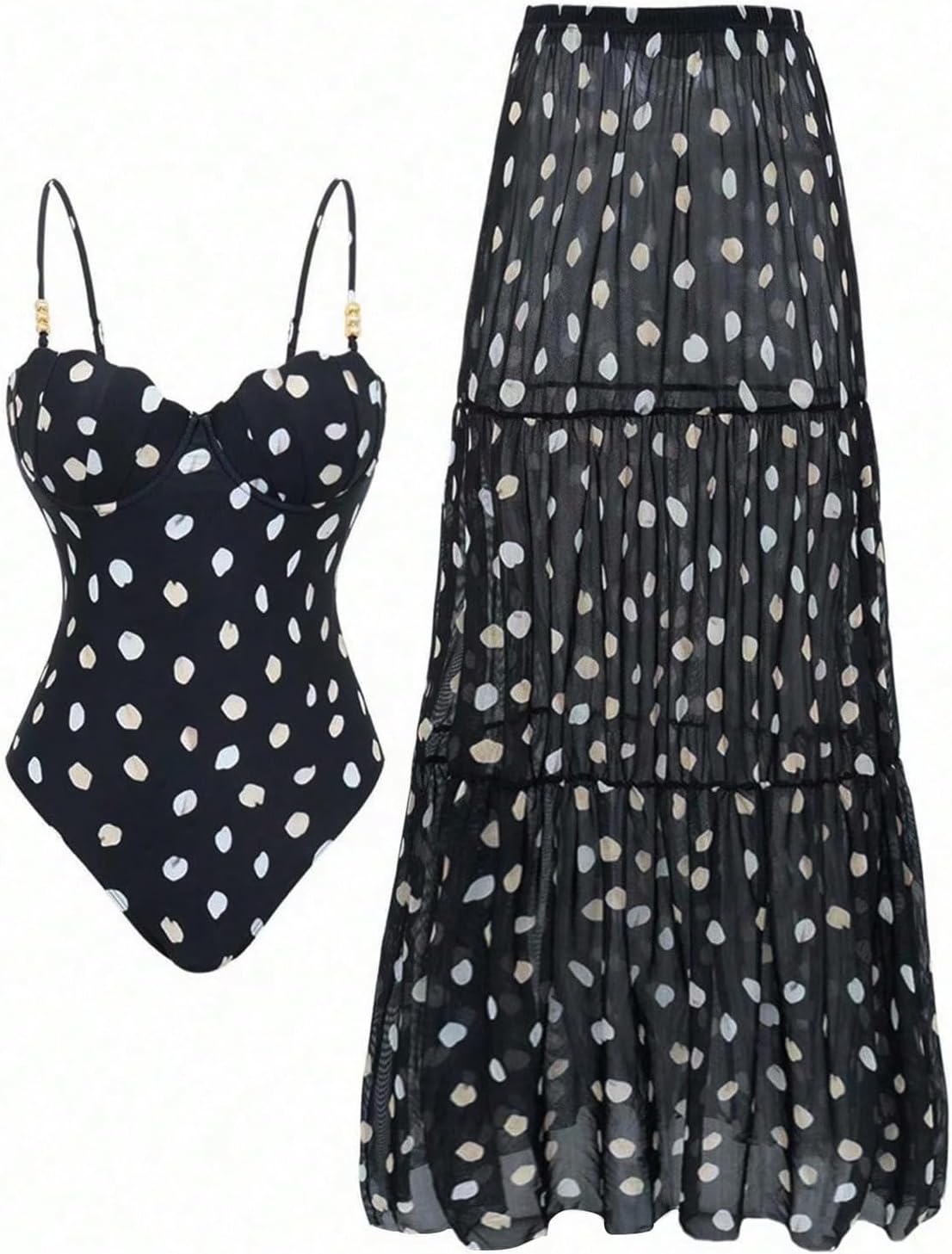 Women's One Piece Swimsuit with Cover Up Skirt Vintage Polka Dots Ruffle Underwire Bathing Suit Beachwear