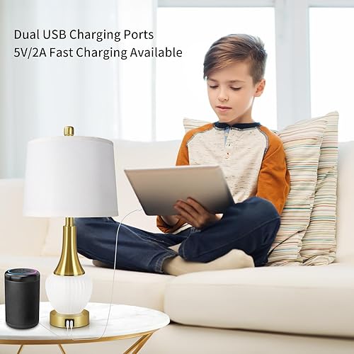 Miniatura 4 de Juego de 2 lámparas de mesa para sala de estar, lámpara de noche de cristal moderna con puertos USB, lámparas de mesita de noche regulables de 4