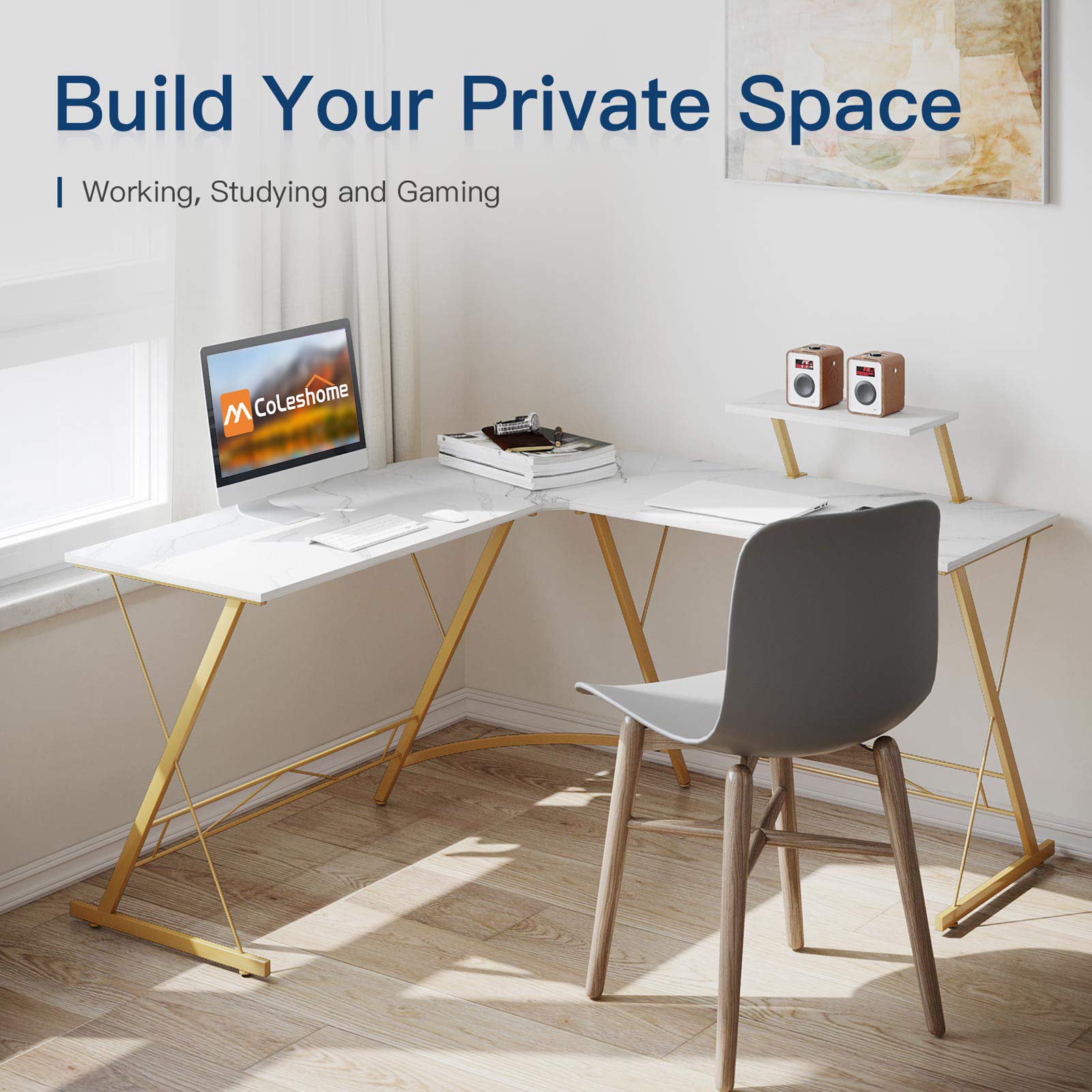 L Shaped Desk Home Office Desk with Round Corner Computer Desk with