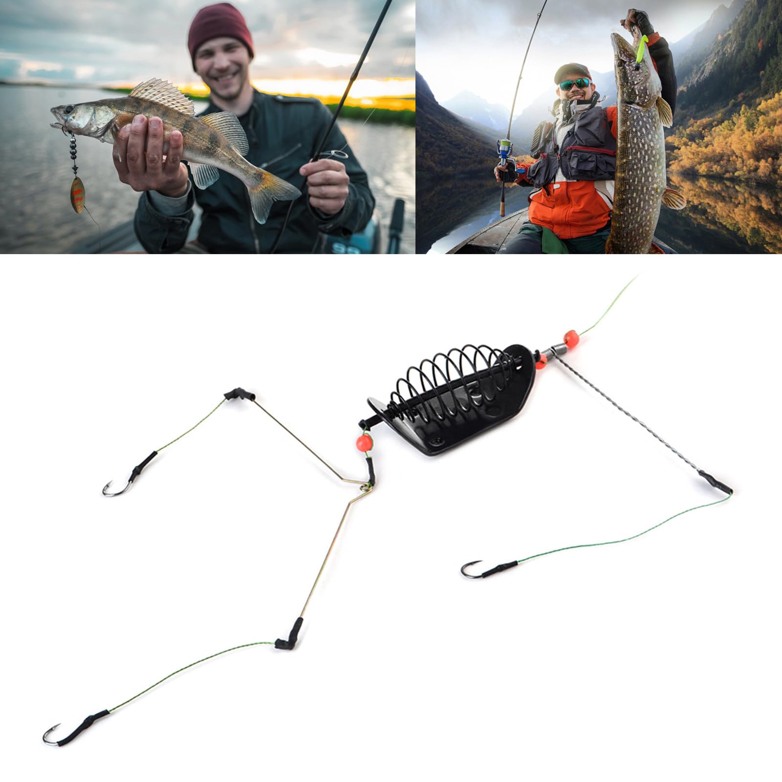 PASNMKvn 20-100g Fishing Baits Cage Steel Wire 3 Line Hook Spring Fishing Feeder with Holder Baits Cage Carp Fishing Accessories