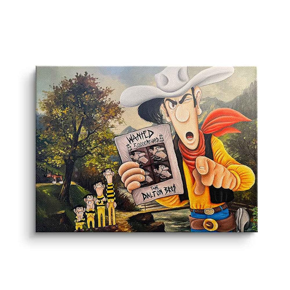DotComCanvas Leinwandbild Die Daltons on the run Lucky Luke Comic Cartoon quer Größe 100 X 75 CM, Farbe Ohne Rahmen