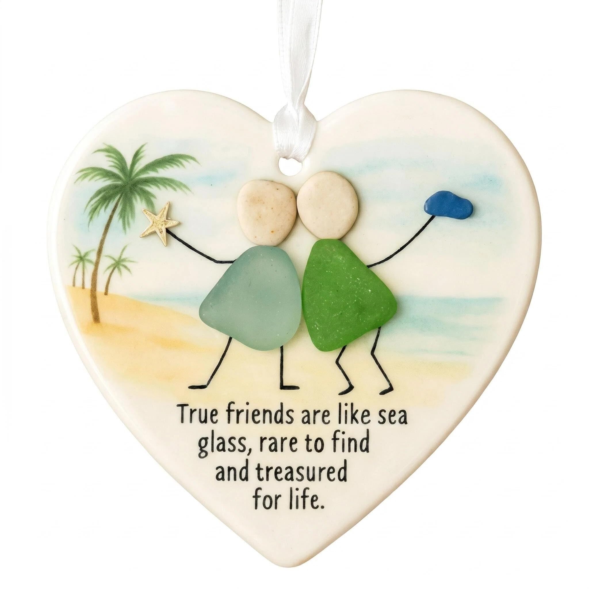 Friendship Sea Glass Heart Ornament, Real Sea Glass Friendship Gift, 8cm Ceramic Hanging Plaque with Quote "True Friends Are Like Seas Glasses", Glasses Ceramic Keepsake for Women Best Friend (Heart)