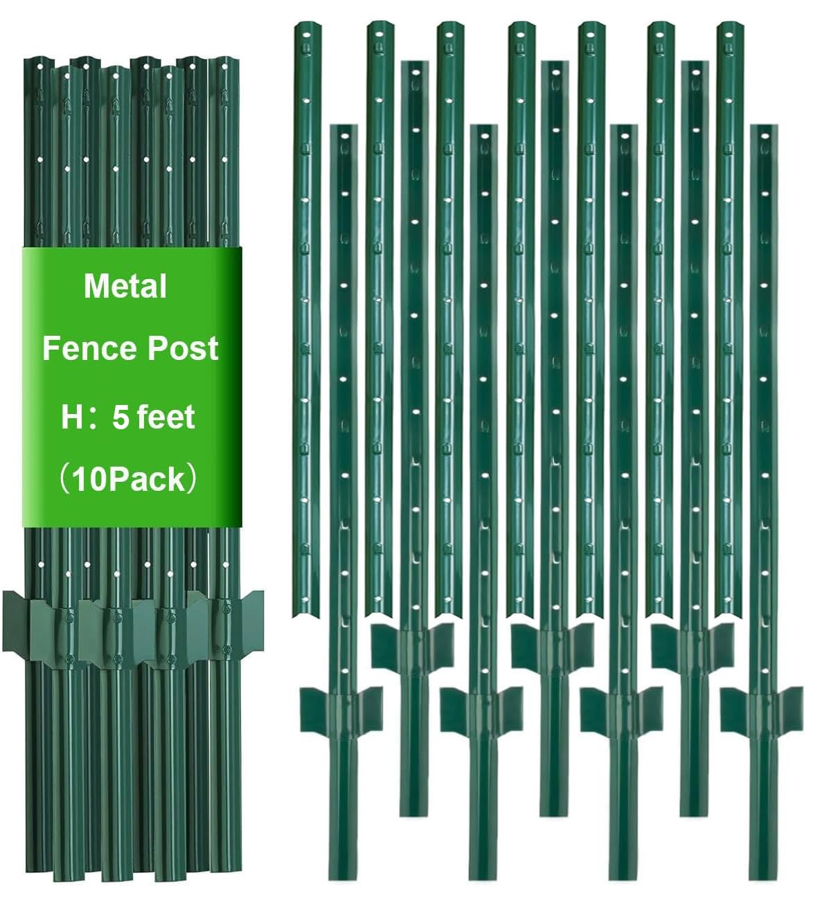10pk Fence Posts, 5FT Splicing Metal Fences Poles Heavy Duty U Post,No Dig Garden Fence Posts,Stakes Step in Post for Wire Fencing,Yard,Lawn,Outdoor