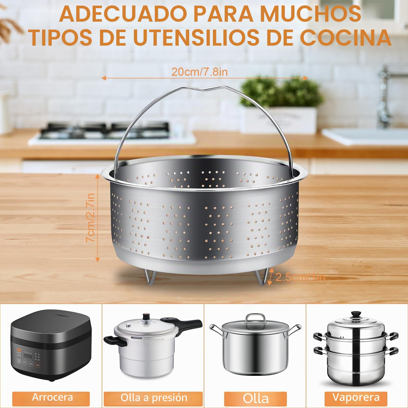 Cesta de Vapor Inoxidable 304, Vaporera Multiusos con Mango para Verduras, Pescado, Huevos