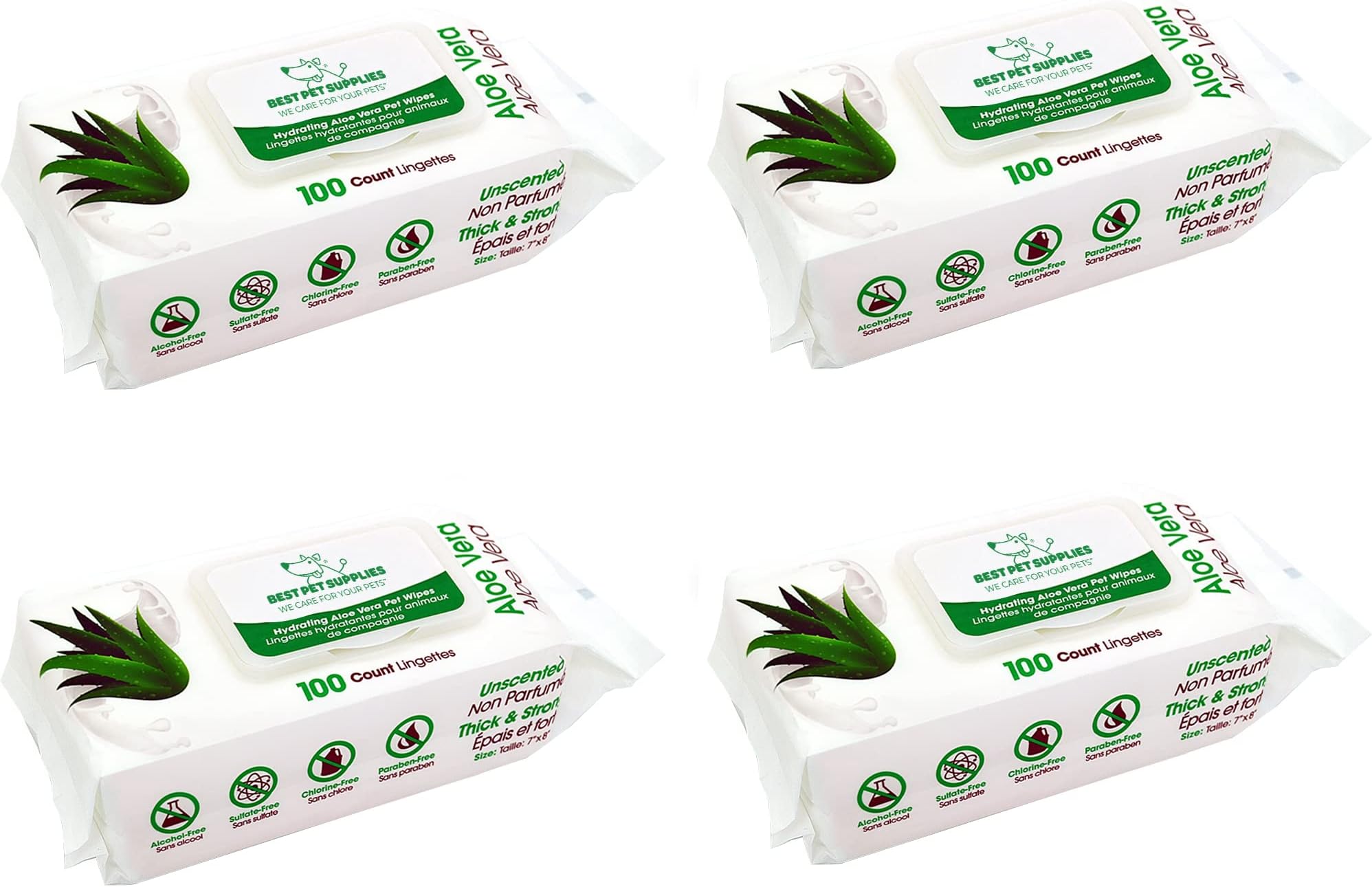 Unscented Pet Grooming Wipes for Dogs and Cats with Hydrating Aloe Vera | Fragrance-Free, Hypoallergenic and Deodorizing, 4 x 100 Pack