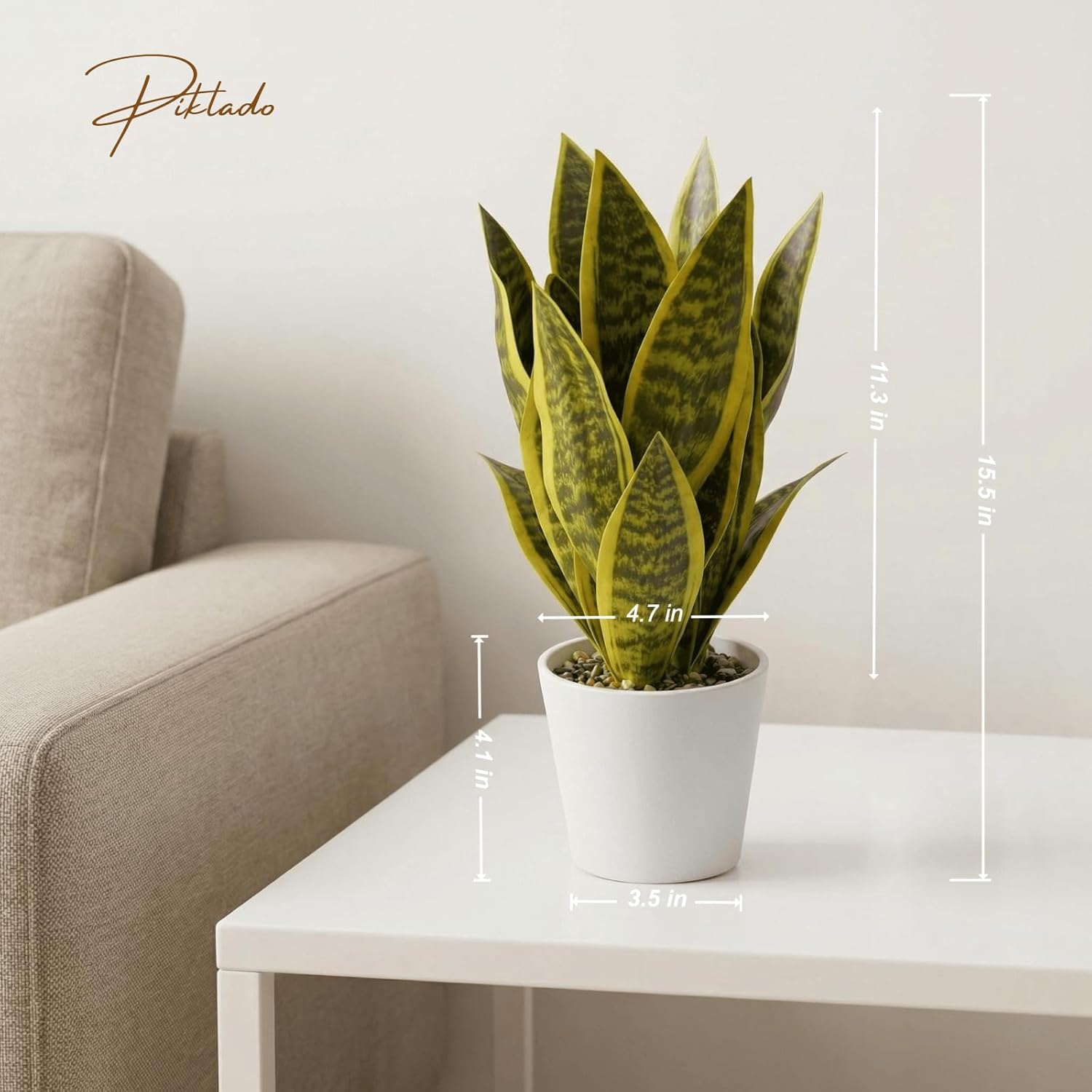 Artificial Snake Plants in White Pot, 15.5'' Sansevieria Potted Plant, Modern Fake Greenery for Desk, Indoor Decoration for Office, Bathroom Home Decor (Green & Yellow -2)