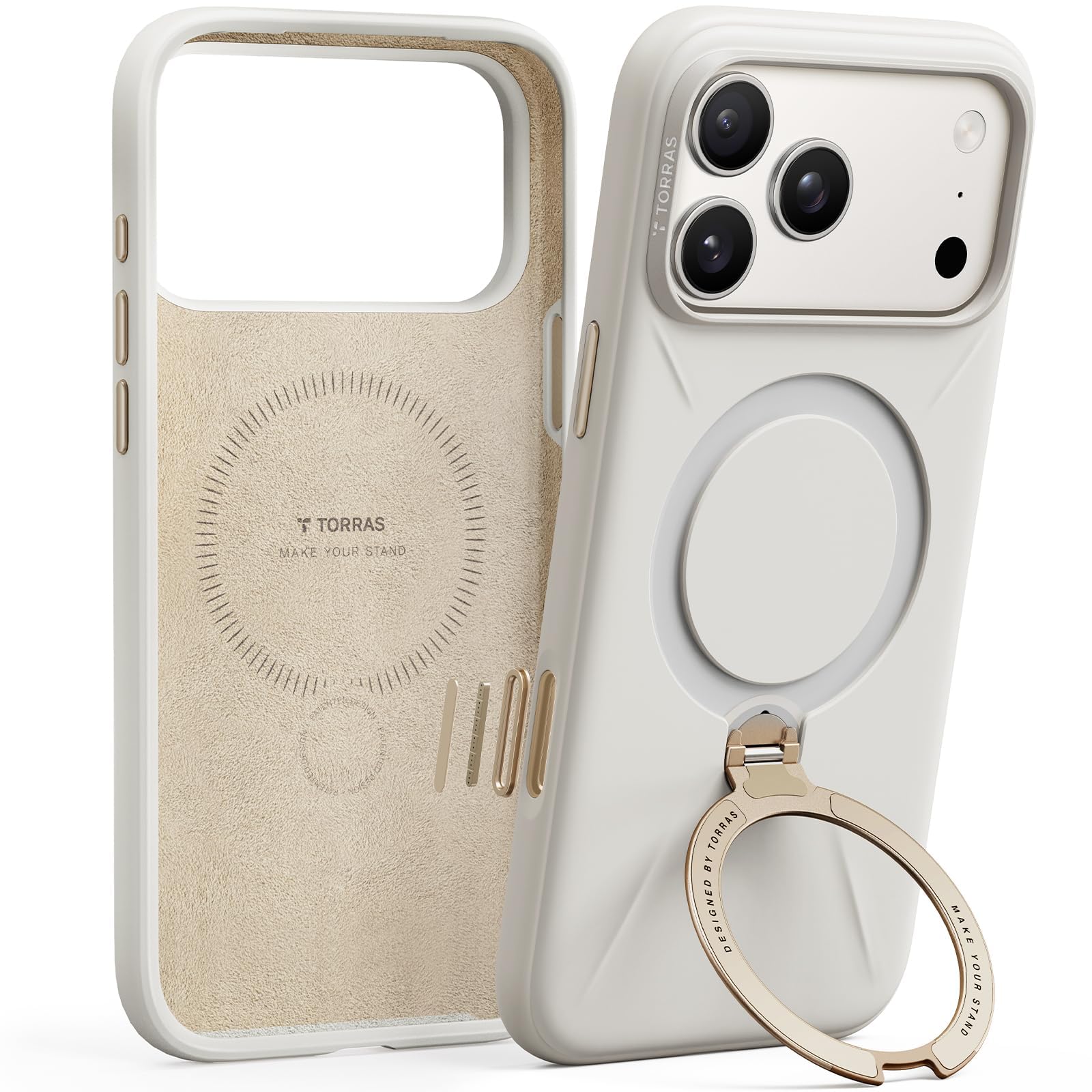 TORRAS Ostand Q3 - Carcasa de silicona para iPhone 17 Pro con soporte de 360°, color blanco | Funda protectora para iPhone 17 Pro (silicona líquida) con protección contra caídas y botones de cámara