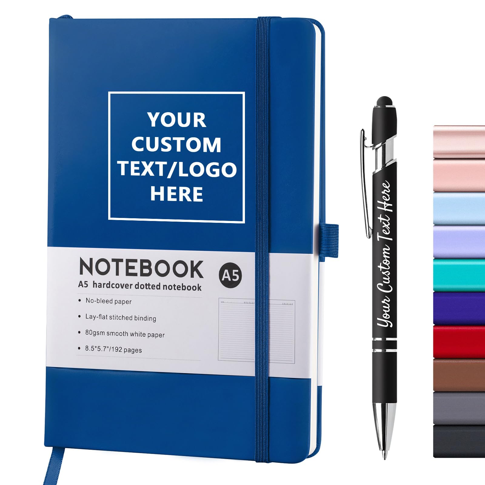 Vebermo Personalised Notebooks With Pen - Customisable A5 Journal Notebooks with Engraved Logo/Text/Image, Daily Writing Journals with 192 Lined Pages, 8.5 x 5.71 Inch, Blue