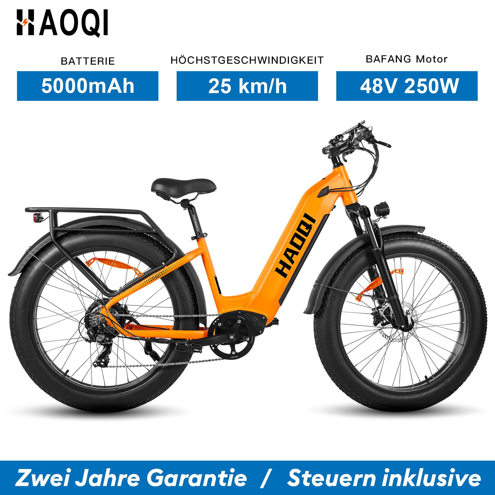 HAOQI Elektrofahrrad für Erwachsene, 250W bürstenloser Motor Mountainbike mit 48V 20AH herausnehmbarem Akku,26" x 4.0 Fat Tire Ebike, Elektrofahrrad mit 7 Gängen bis zu 25 km/h