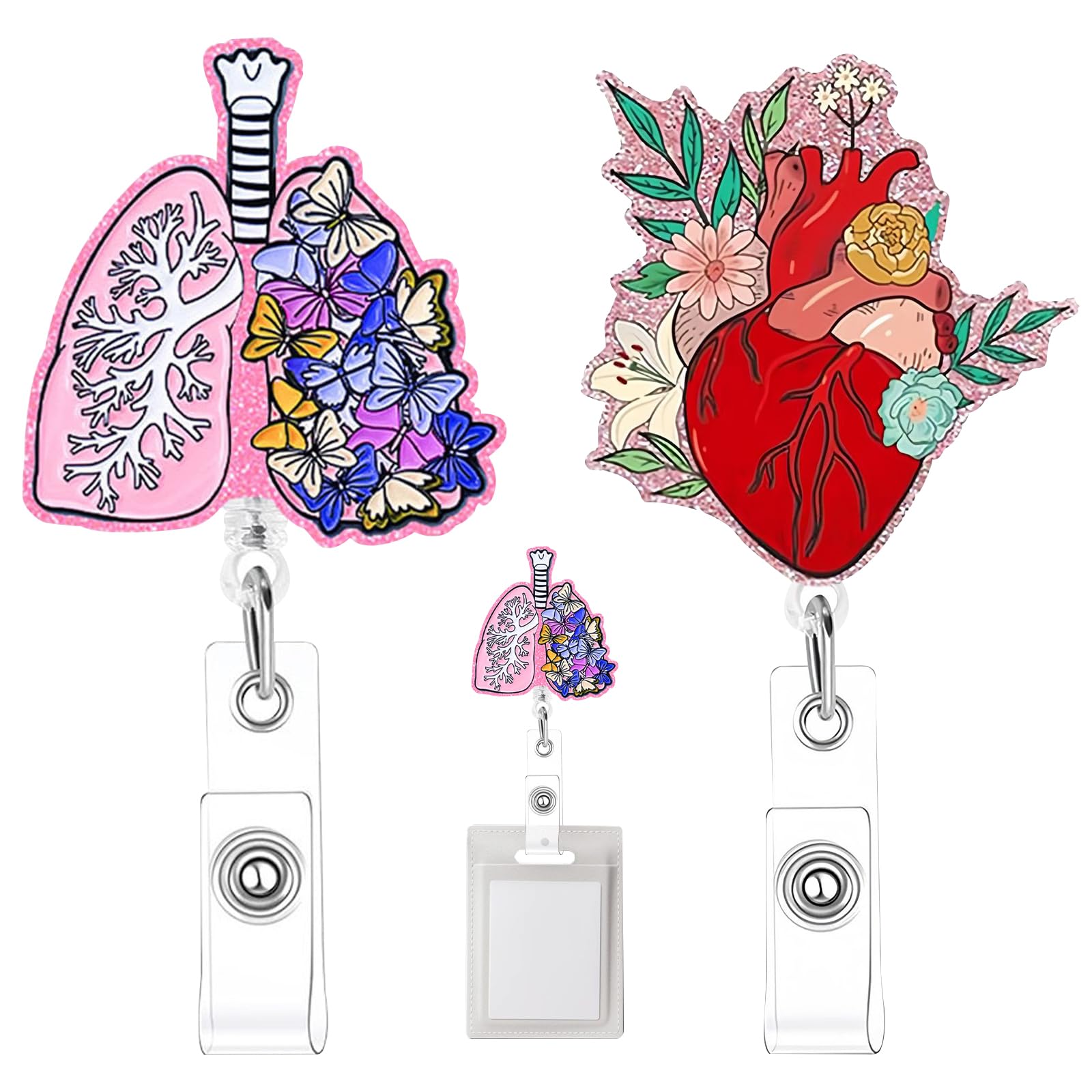 BSITSSS 2 PCS Badge Holder, Nurse Badge Reels Retractable, Heart Pulmonary ID Badge Clip Accessories for Nurses Day Doctors Office Teachers Student ID Card Key Badge Holder