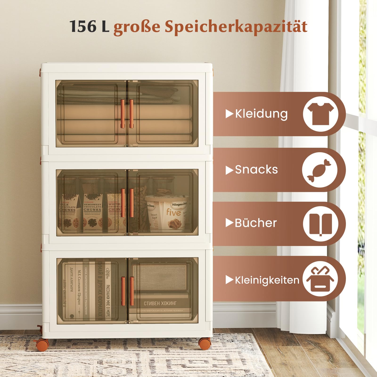 GOPLUS Opbergdoos met deksel, stapelbare opbergdozen met wielen en deuren, opbergkast van kunststof, kunststof box, stapelboxen, opbergdozen (62,5 x 34,5 x 130,5 cm, 4 niveaus