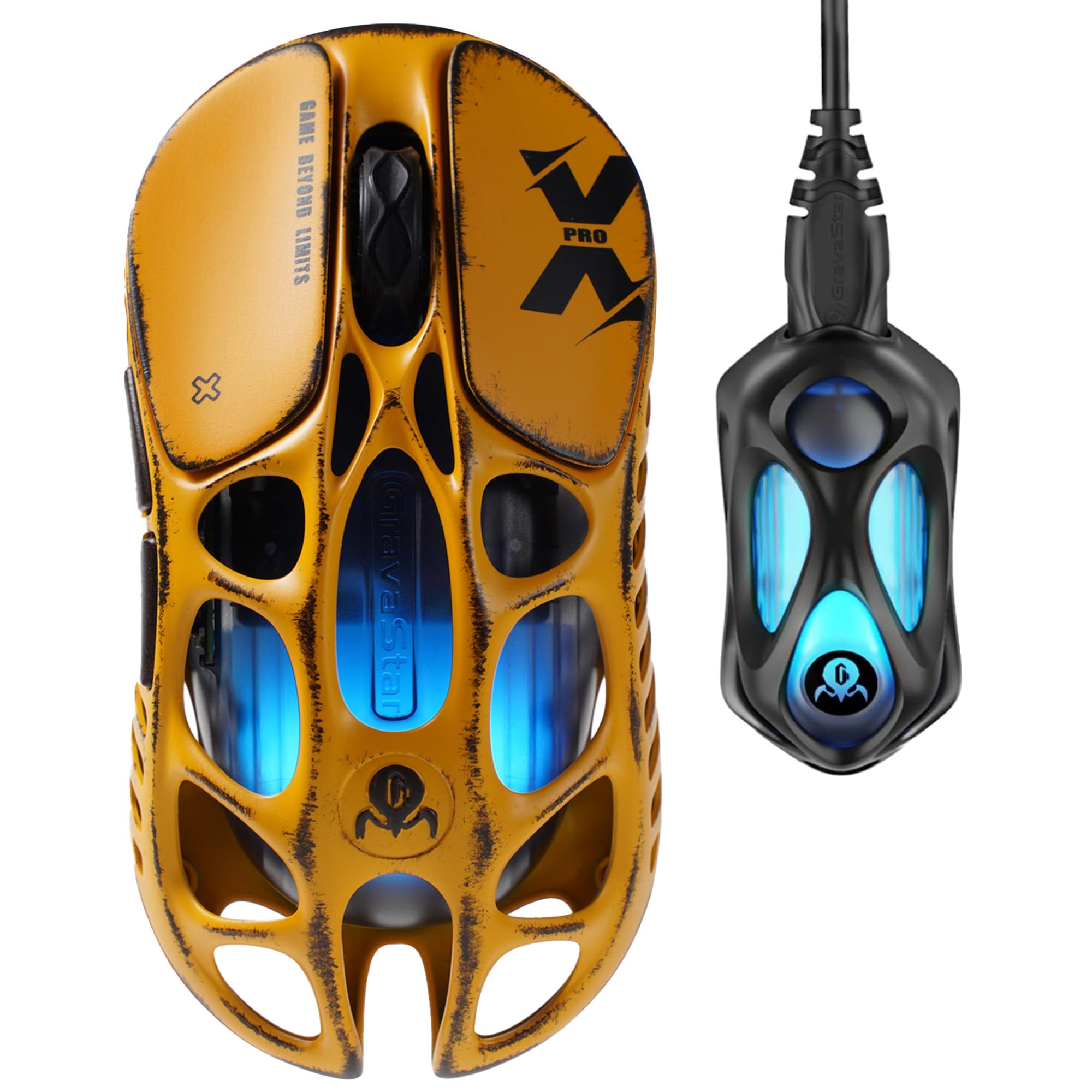 GravaStar Mercury X Pro Wireless Gaming Mouse - 32,000 DPI PAW 3950 Sensor, 8,000Hz Jump Speed, Magnesium Alloy Hollow Frame, RGB Lighting, 5 Programmable Buttons, Three Modes (Yellow)