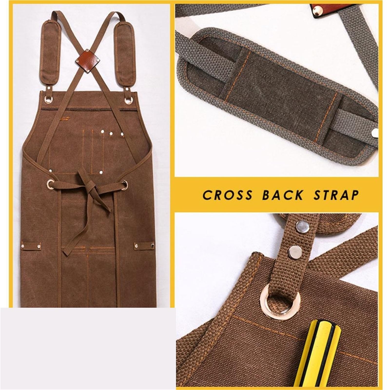 Delantal de Trabajo Unisex de Lona Encerada Resistente con Bolsillos for Herramientas y Correas Cruzadas Ajustables for carpintería y Pintura. para Trabajo(Brown)