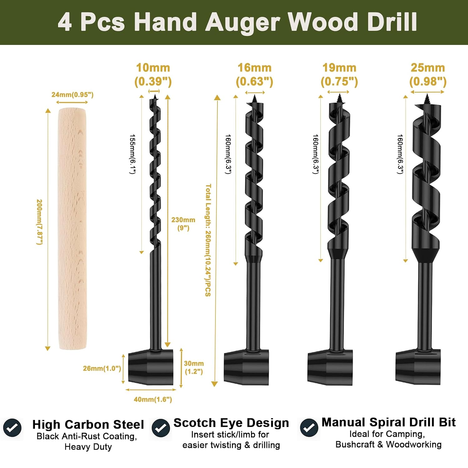 4 Pcs Hand Auger Wood Drill, Heavy Duty Steel Manual Hand Drill Bit Tools, Multipurpose Manual Survival Tools Dril Wood Auger Hand Drill Tool for Camping, Outdoor, Hiking with a Wooden Stick image 3