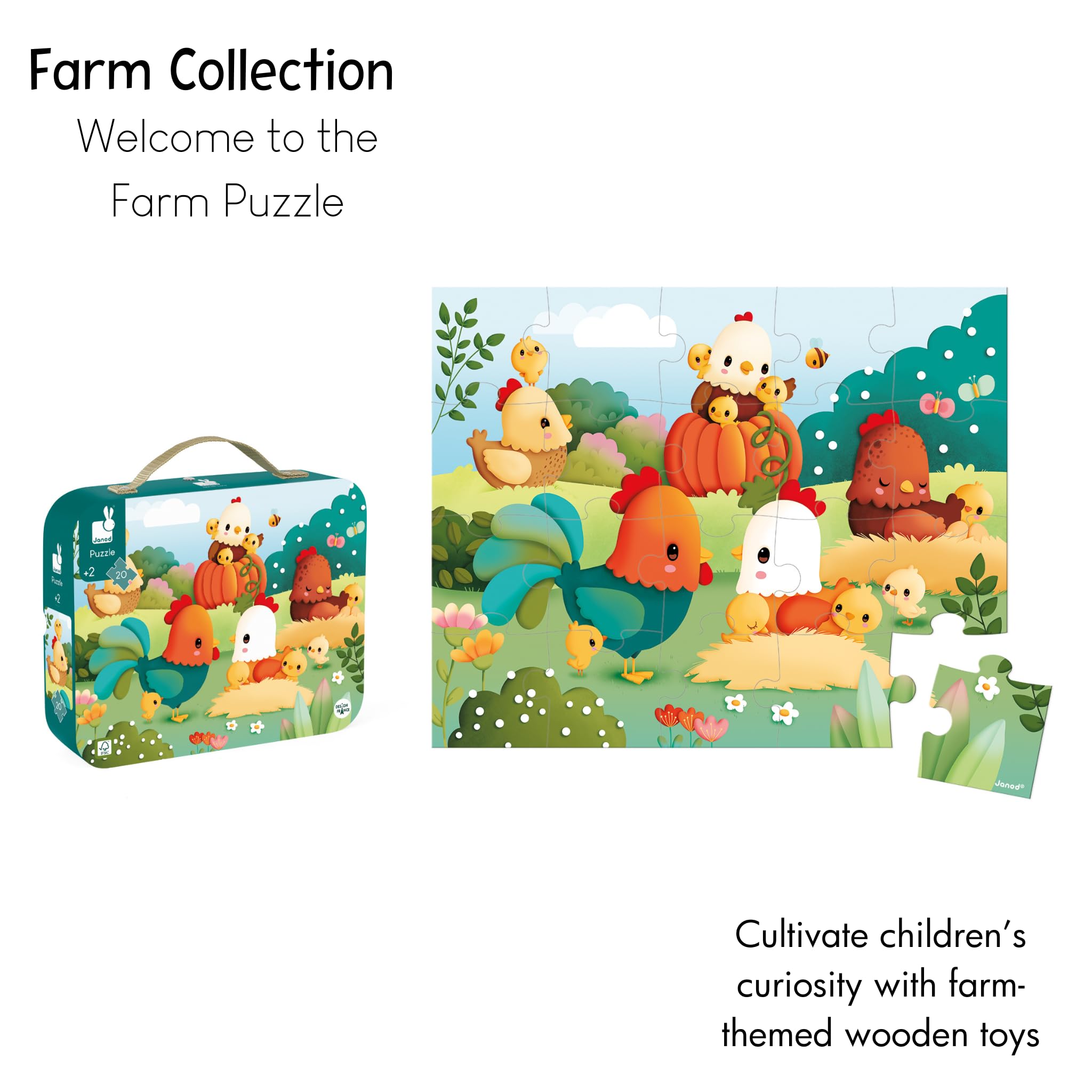 Janod 20-teiliges Kinderpuzzle – Willkommen auf dem Bauernhof – Geschenktasche mit Stoffgriff – Alter 2–4 Jahre – J03328