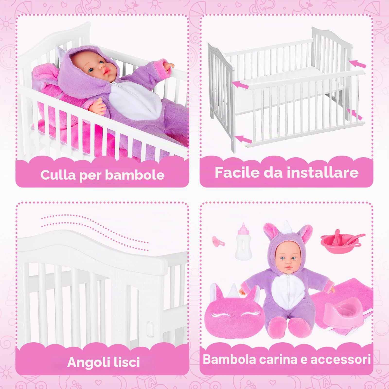 deAO Set Baby Doll con 18” Lettino e 14”Bambole Neonato | Bambola Bebè Set con Bambole Vestiti, Set di Alimentazione e Cura per New Born Baby Dolls, Giocattoli per Giochi di Ruolo