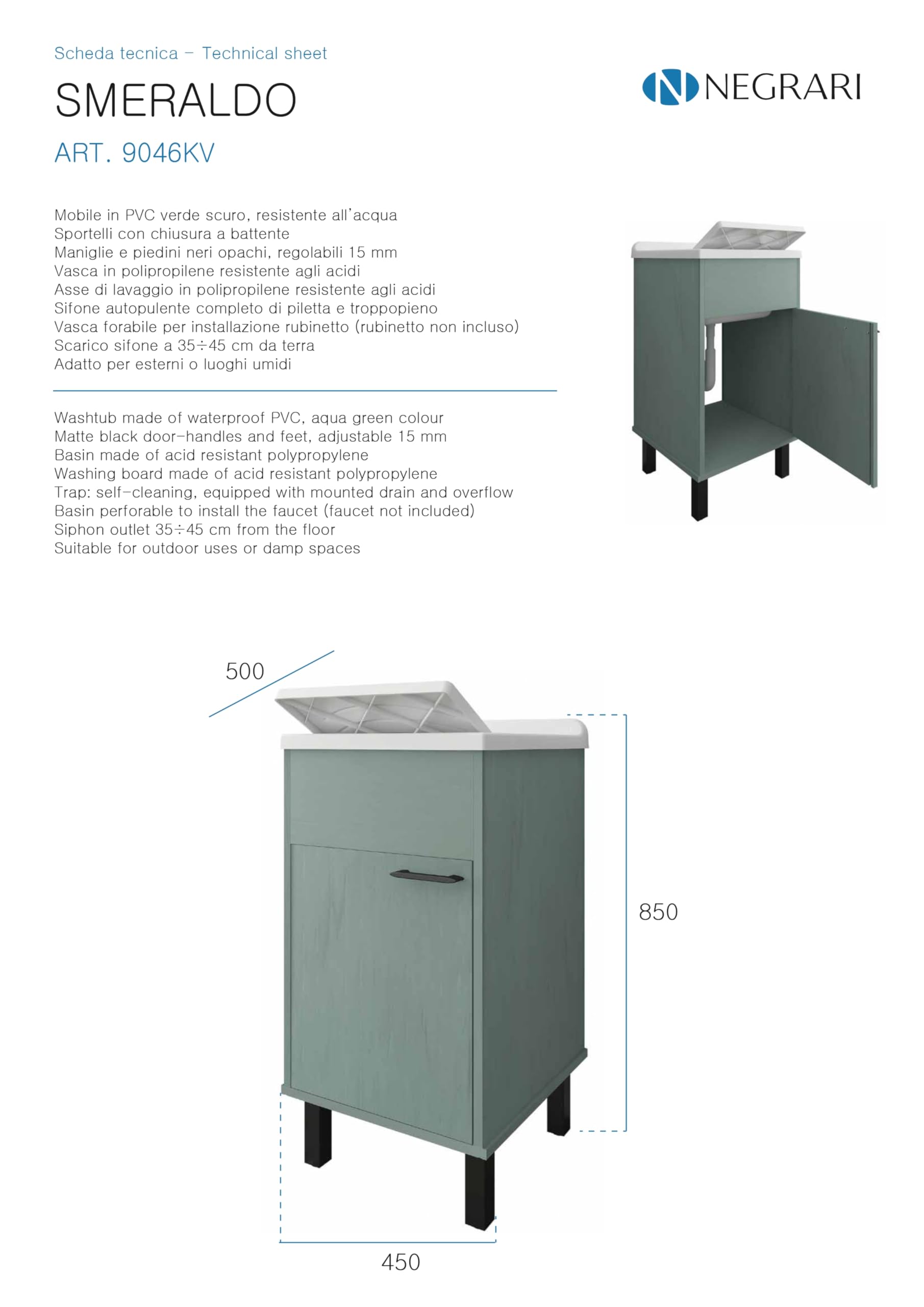 Negrari Mobile Lavatoio in PVC con vasca in PP, Resistente agli acidi di uso comune, Resistente all'umidità, Kit di scarico incluso, Interno e Esterno, L45 x P50 x H85 cm, Colore Verde Scuro