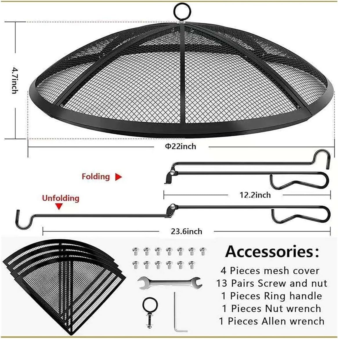 22" Foldable Fire Pit Spark Screen with Lift Hook