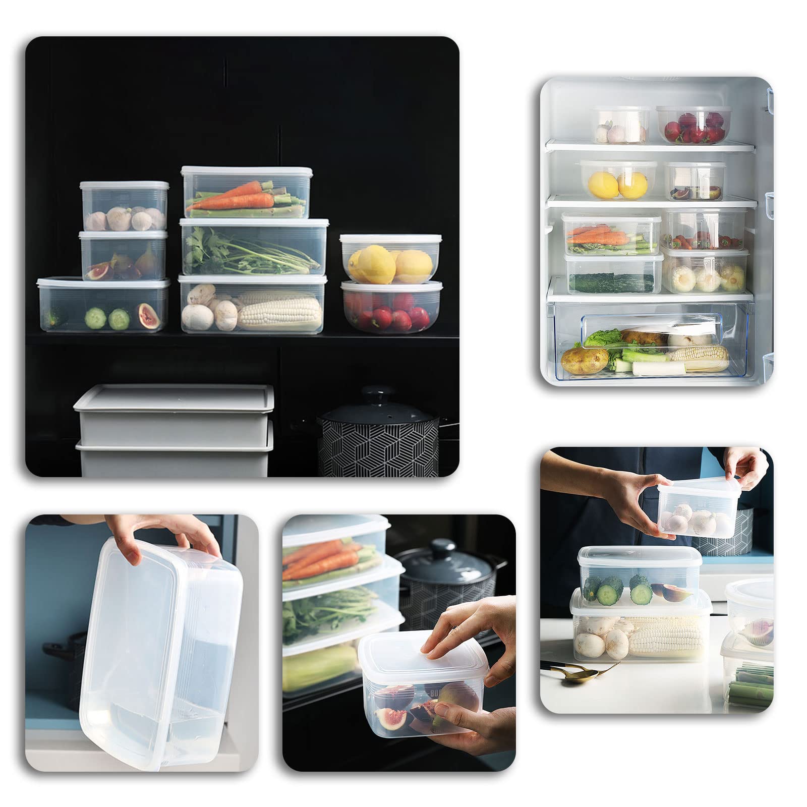 Caja De Almacenamiento del Refrigerador,Alta Capacidad Juego De Cajas De Almacenamiento con Tapa,Apto para Nevera Cocina Despensa Armarios Encimeras Cosméticos (B)
