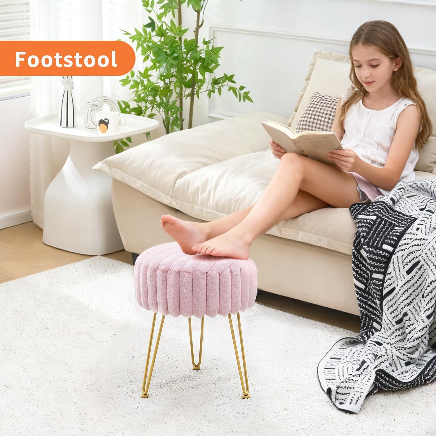 Vanity Stool,Faux Fur Ottoman Foot Stool, Dressing Table Seat with Metal Leg Vanity Chair for Bedroom, Living Room, Entryway, Offices