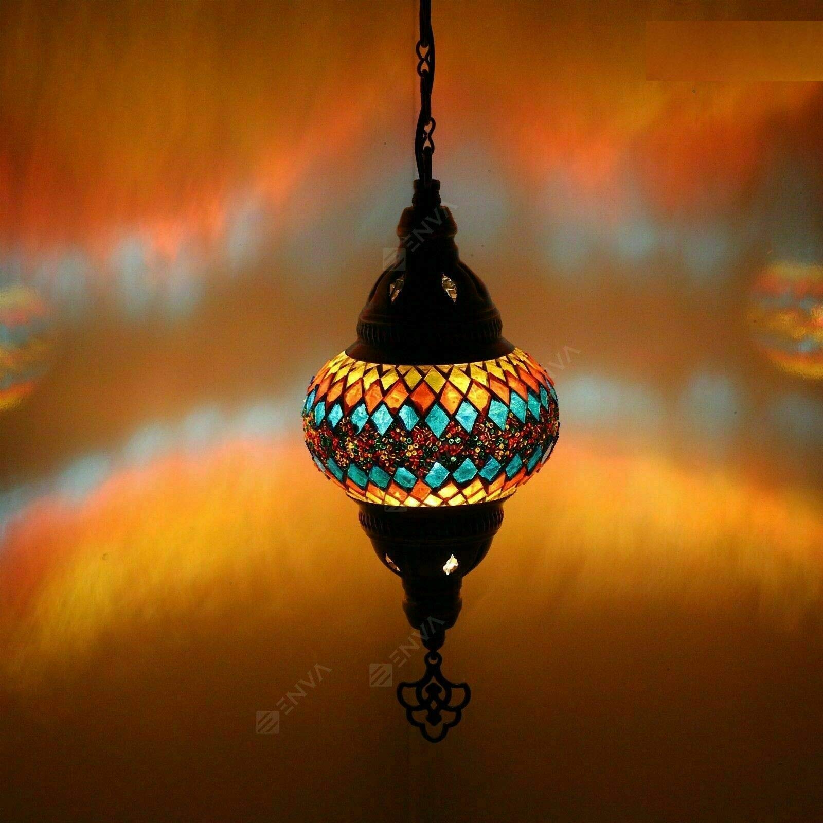 ENVA Turkish Moroccan Handmade Glass Mosaic Ceiling Hanging Chandelier Light Lamp Medium Globe