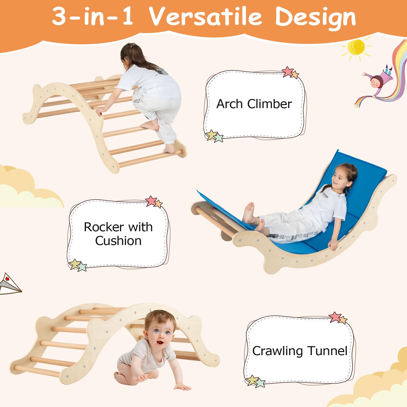 HOMASIS 3-in-1 Kletterbogen mit Rutsche & Wippe, Klettergerüst Indoor mit umkehrbare Rampe & Matte, Kletterdreieck zum Rutschen, Klettern, Schaukeln, für Kinder ab 1 Jahr (Natur, Modell 2)