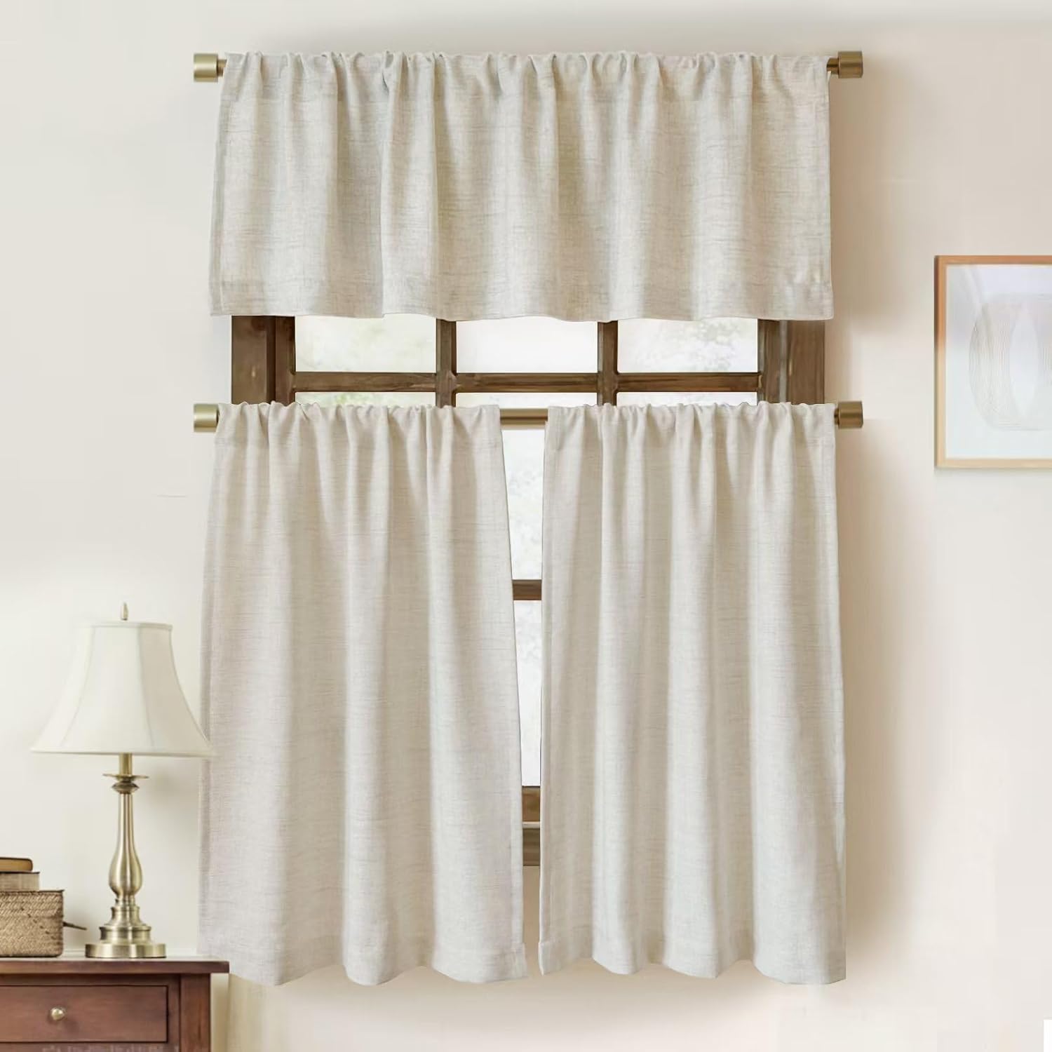 Oindec Faux Linen Kitchen Curtains Set 15 inch Valance and 36 inch Tiers