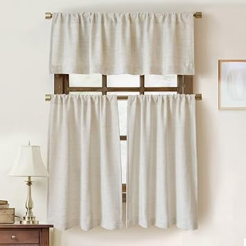 Oindec Faux Linen Kitchen Curtains Set 15 inch Valance and 36 inch Tiers