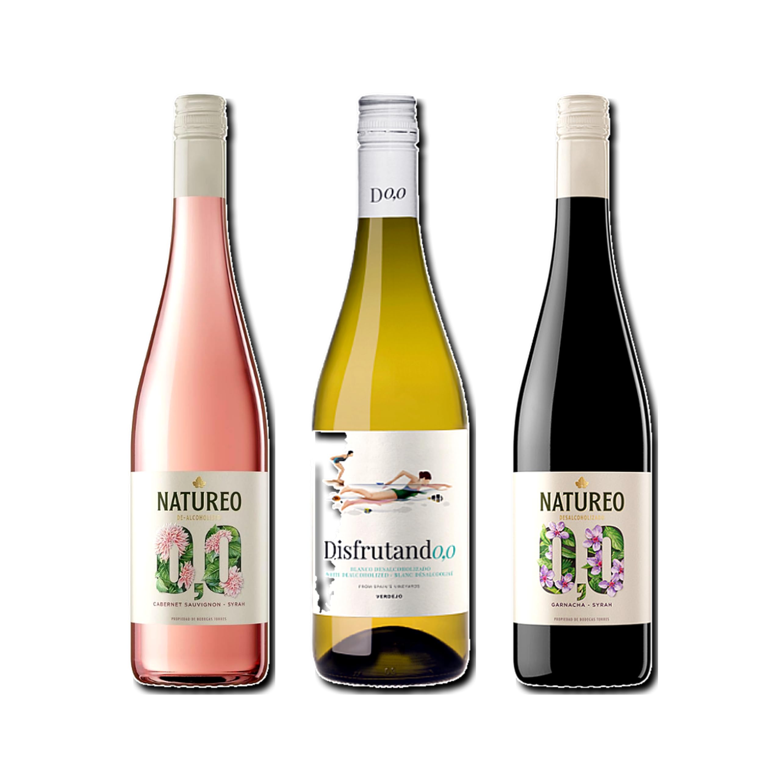 vino sin alcohol 0,0 Natureo Rosado, Disfrutando 0,0 Blanco y Natureo Tinto pack de 3 botellas 75cl