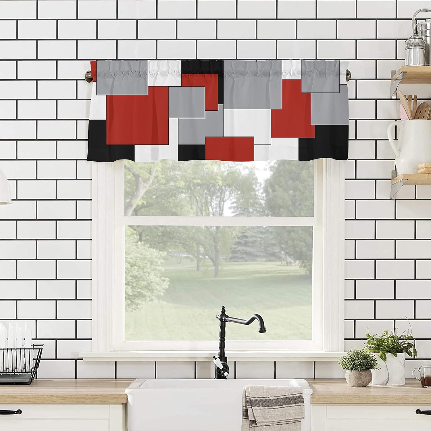Irregular Geo Curtain Valance 54" x 18", Block Window Valances Rod Pocket Curtains Drapes, White Grey Black Red Abstract Geometric Short Topper Curtain for Kitchen Cafe Living Room, 1 Panel