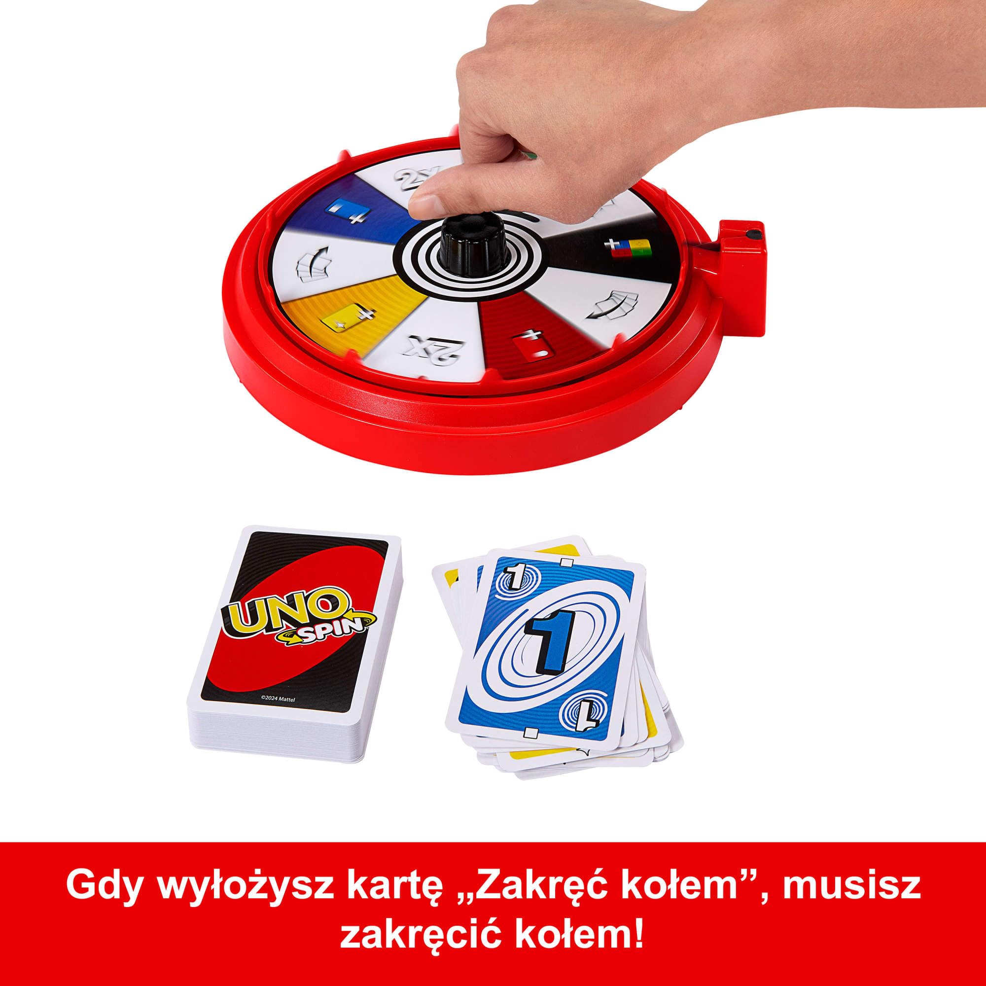Mattel Karty UNO Spin Towarzyska, imprezowa i rodzinna gra karciana, klasyczna rozgrywka + koło UNO Spin™, nowe wyzwania i reguły, gra dla dzieci 7+ i dorosłych, JGR00 | Klasyczna zabawa z losowym spinnerem, wyzwania i specjalne zasady dla dzieci, nastola
