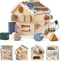 TinyLand 9-in-1 Wooden Montessori Activity Cube for Toddlers 1+ Year Olds - Educational Toy with Bead Maze, Xylophone, Shape Sorter (Morandi)