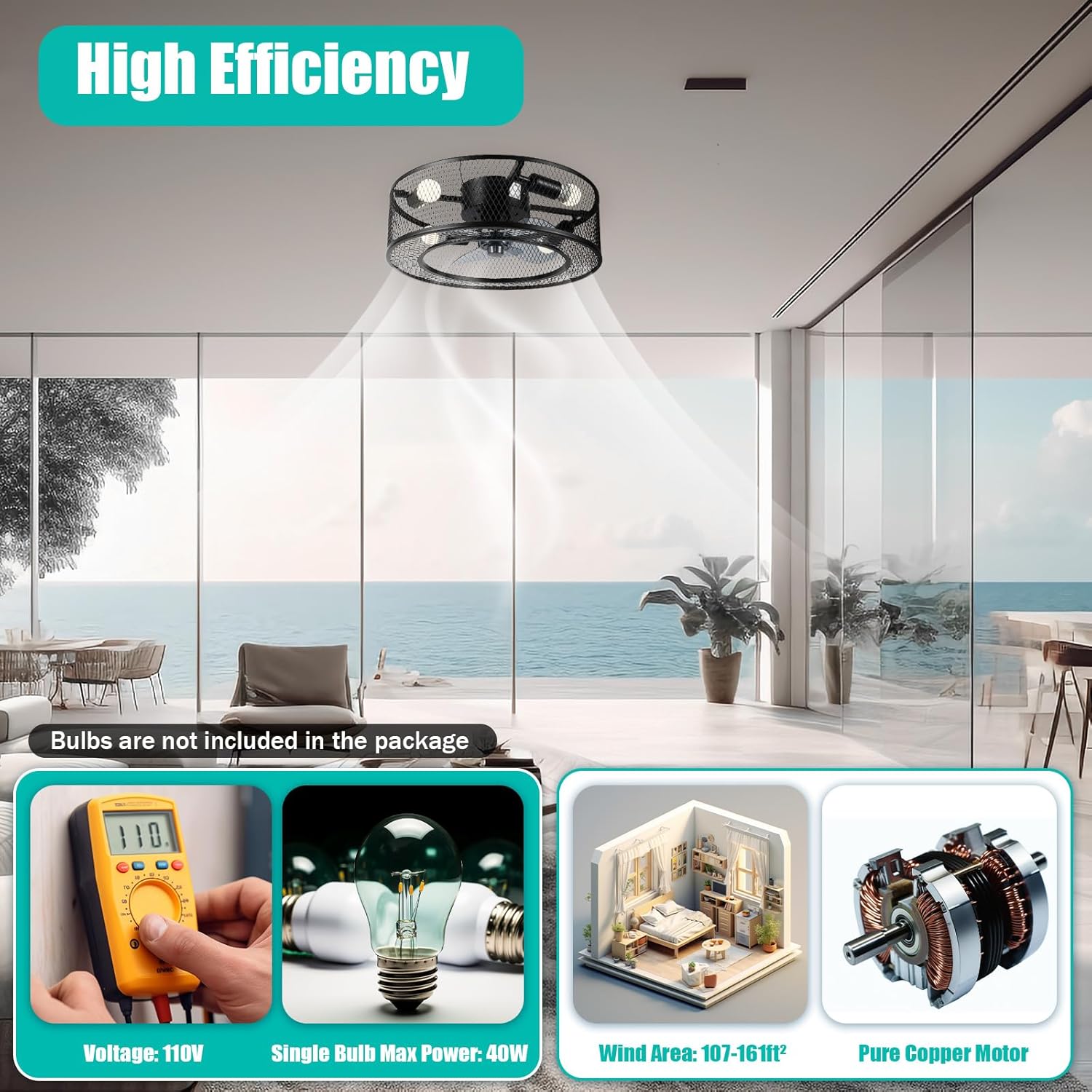 Ceiling Fans with Lights,Fandelier Ceiling Fan Flush Mount,LED Fan Light,Modern Ceiling Fans with Lights for Bedroom Living Room 110V 40W (Black)