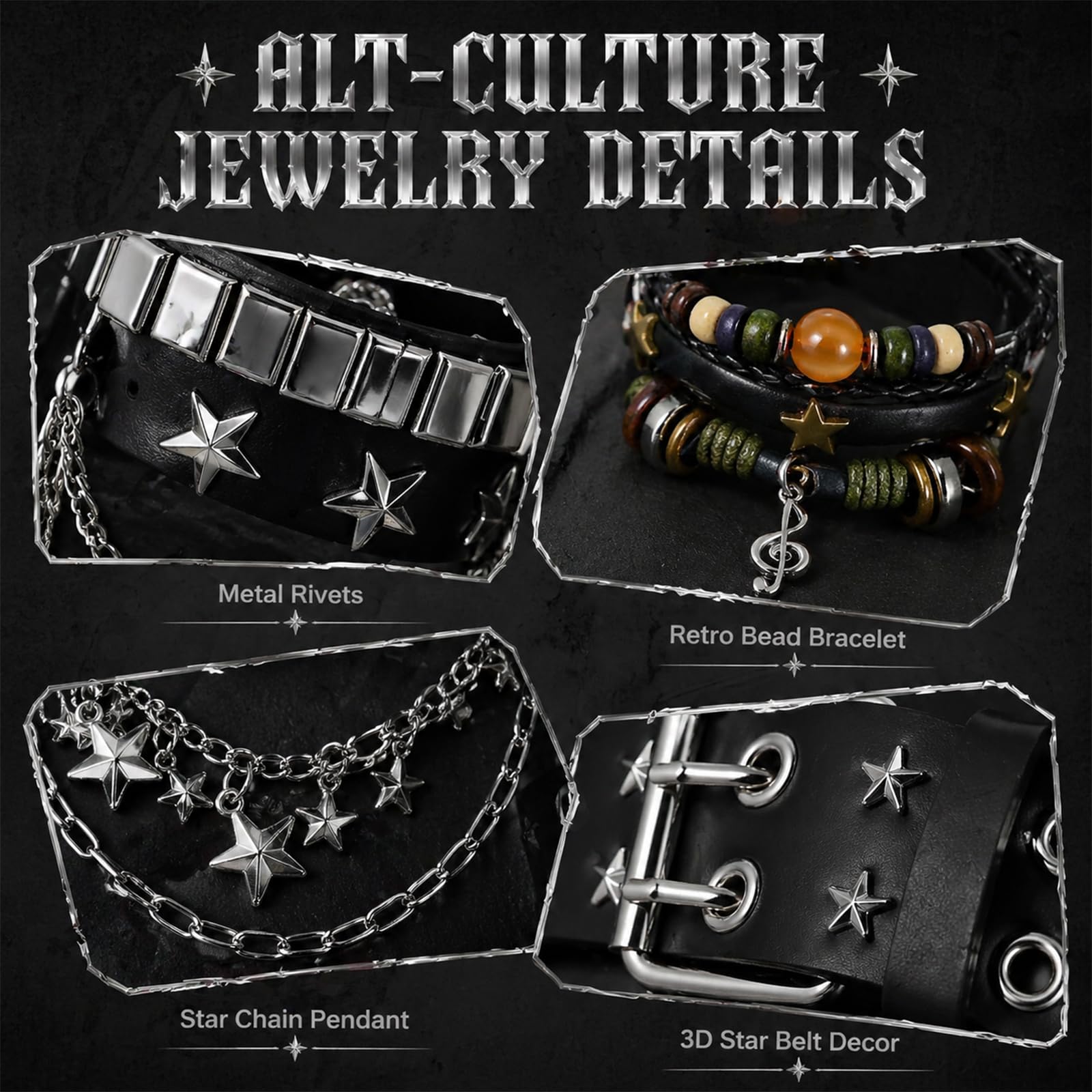 Juego de 10 accesorios unisex Y2K que incluye cinturón con estampado de estrellas, juego de pulseras de 7 piezas, gargantilla gótica negra y cadena de cintura de metal, cuero negro, moda