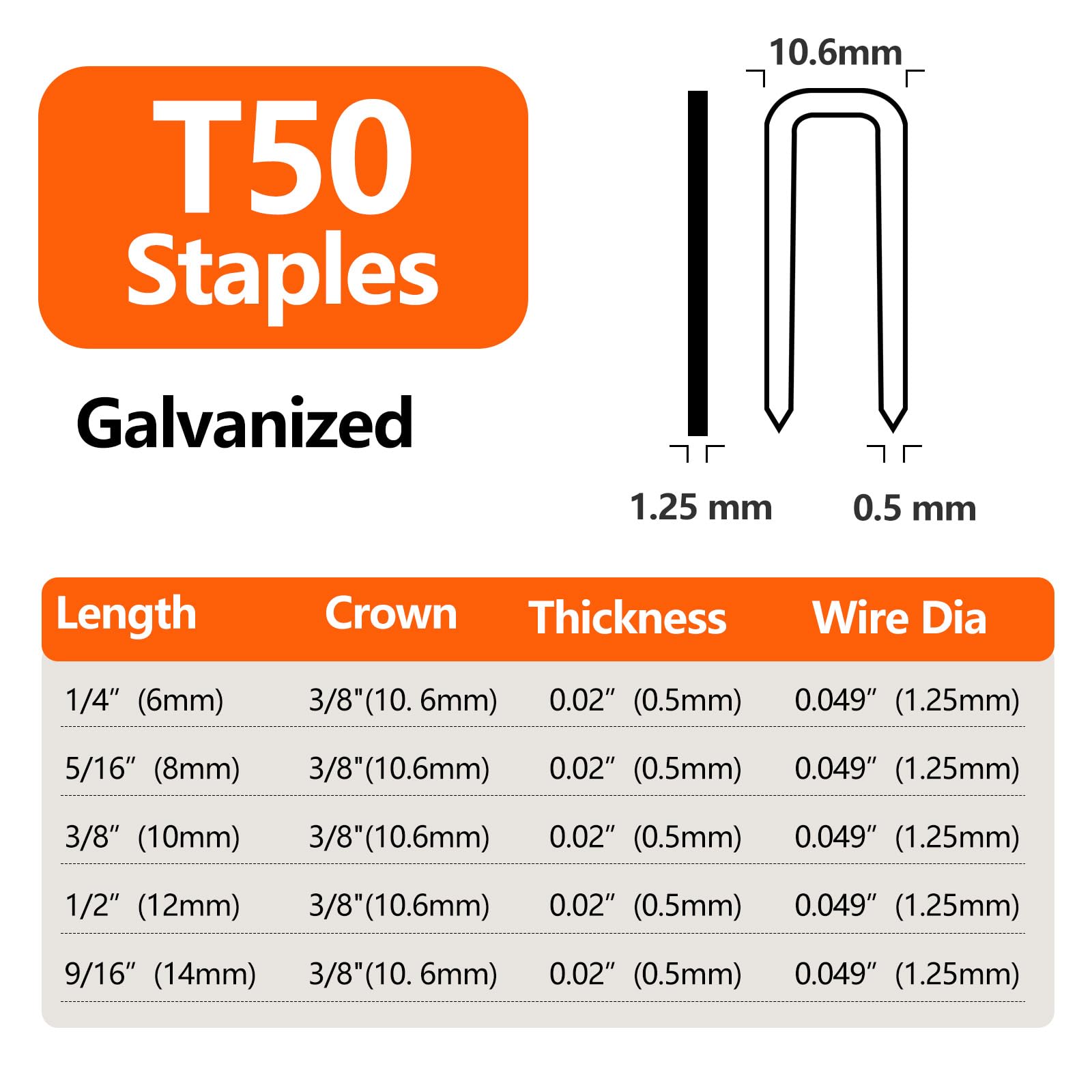 Grapas T50 resistentes de 9/16 pulgadas de longitud, corona de 3/8 pulgadas, 5000 unidades, calibre 20 galvanizadas, para pistola grapadora neumática, eléctrica y manual T50