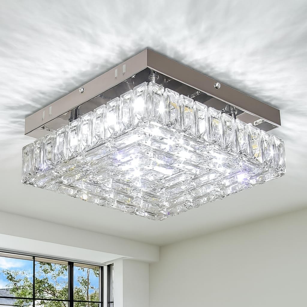 FRIXCHUR 10.6" Crystal Ceiling Light Modern Crystal Chandelier LED Flush Mount Ceiling Light Fixture Mini Square Chandeliers for Bedroom Hallway Kitchen Foyer (Cool White)