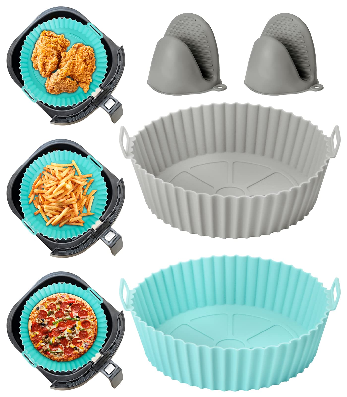 AXNSATRE 2 Pack Silicone Air Fryer Liners 7.9", Round Silicone Air Fryer Pot Reusable, Silicone Air Fryer Basket with Handle, Easy Cleaning Food Safe Air Fryer Accessories (Blue+Grey)