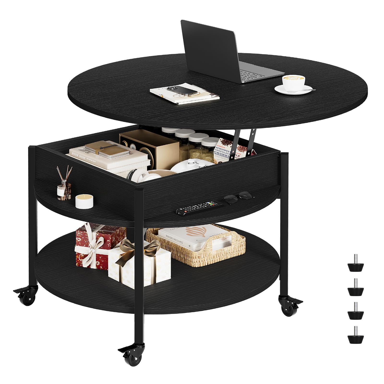 Mossora Round Lift Top Coffee Table with Wheels, Circle Center Table with Storage and Compartment, 68 cm Rolling Coffee Tables for Living Room, 2 Tier Small Coffee Table Circle Dining Table, Black