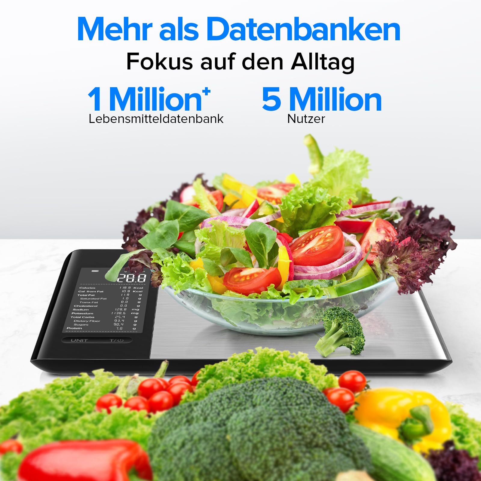 Belife Küchenwaage digital mit Nährwertberechnung, Ernährungswaage App verfolgt 19 Nährstoffe, Kaloriendatenanalyse, Edelstahl-Ernährungswaage, Lebensmittelwaage geeignet für Gewichtsverlust, 5KG-1g