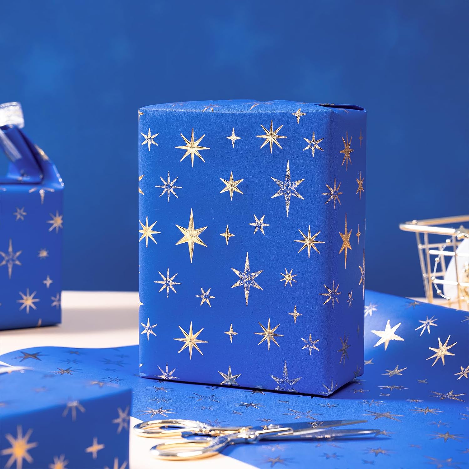 RUSPEPA Blue and Gold Eid Wrapping Paper Roll, Mini Roll, Royal Blue 3D Embossed Foil Star Design, Kraft Gift Wrap Paper for Ramadan, Wedding, Birthday, Baby Shower, Holiday, 17 Inches x 16.4 Feet image 3