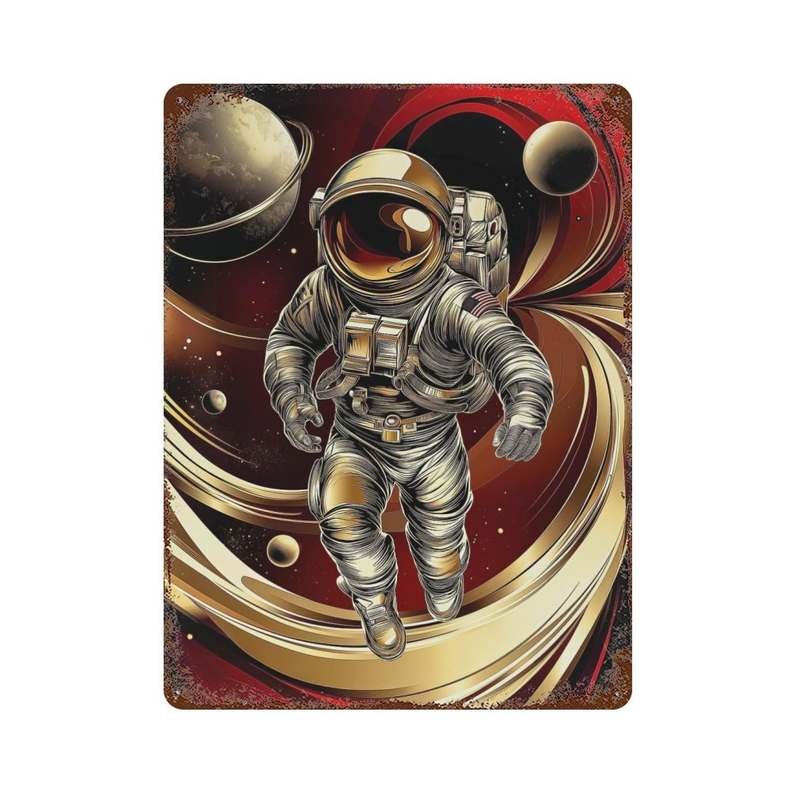 Golden Astronaut in Space Weathered Tin Sign 15.7"x11.8", for Basement, Hobby Room And Garage Decor, Rustic Home Decor