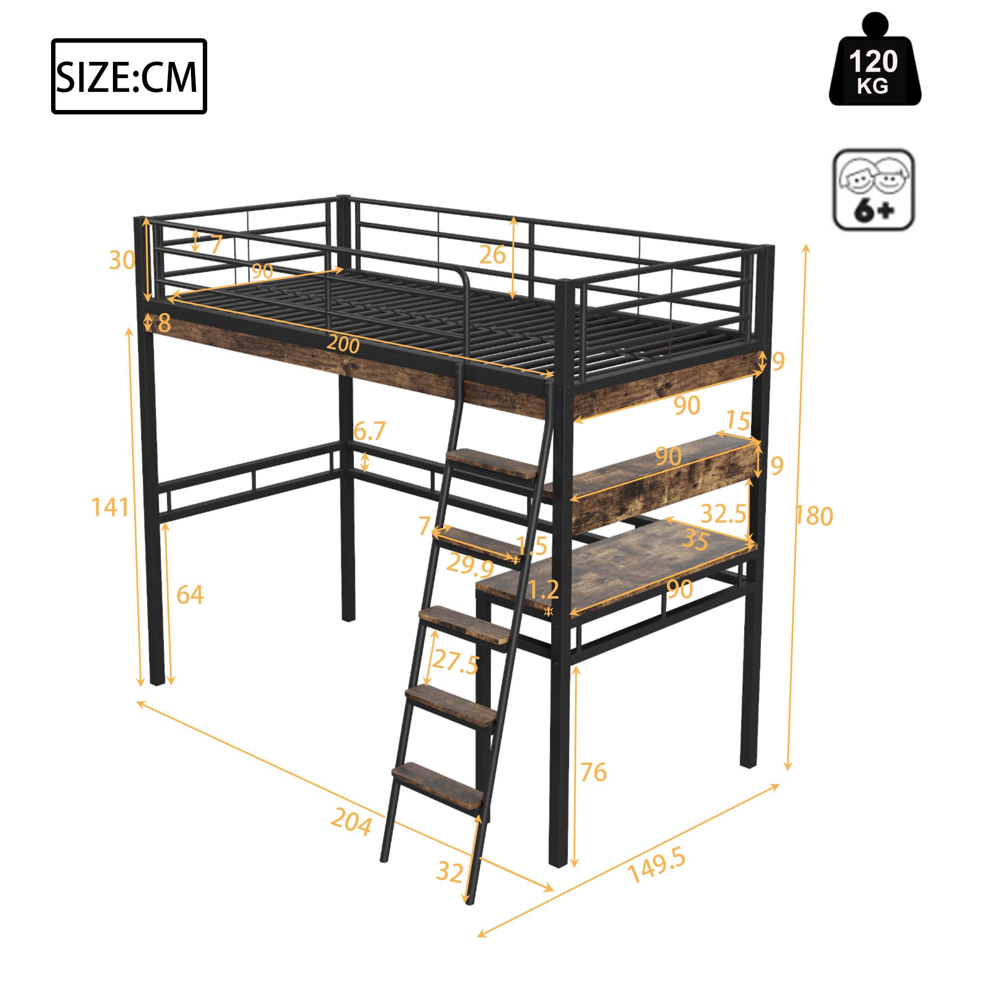 Moimhear Letto a soppalco, 90x200 cm, senza materasso, letto con scrivania, ripiani, ringhiera, scala, struttura in ferro, nero