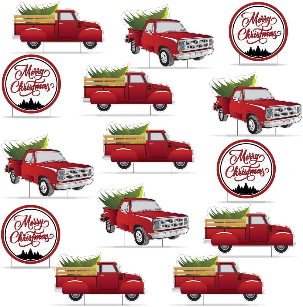 VictoryStore Christmas Yard Decorations: Vintage Red Truck Christmas Yard Decorations 14pcs Includes Stakes