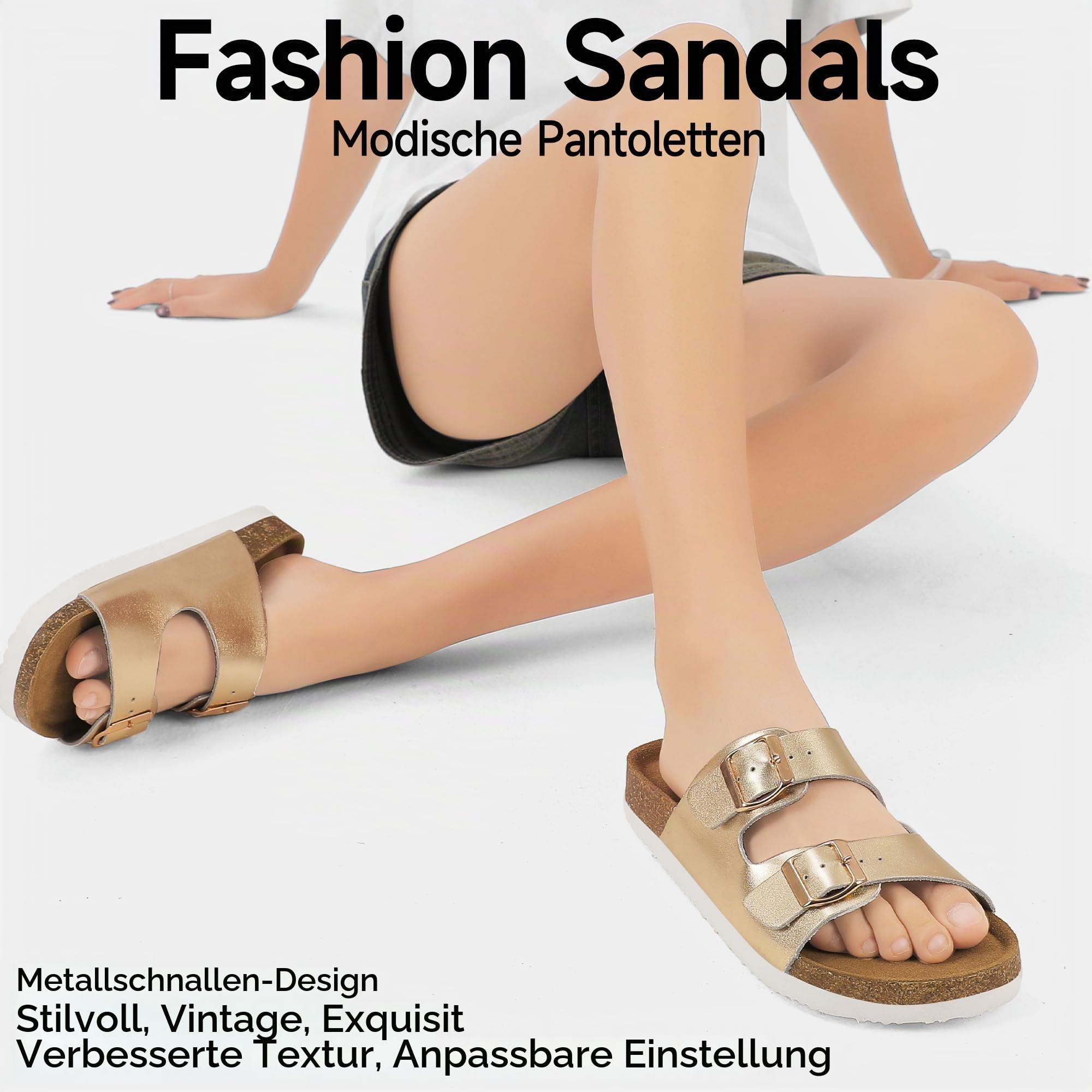 Wizshoe Pantoletten Damen Korkfußbett Sandale Clogs Leder Slide Gr.36-42 | Schlupfsandalen Hausschuhe Sandalen Strand mit Verstellbarer Schnalle Frauen Latschen Memory-Schaum Bequem