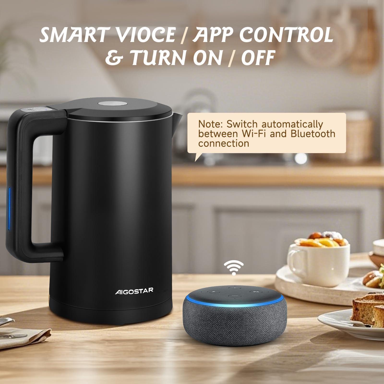Aigostar Benjamin - Inteligente Hervidor de Agua Temperatura Regulable de 40°C a 100°C, Conexión Wi-Fi, Alexa y Google Home. Doble Pared de Acero Inoxidable, 2200W, 1,7L, Mantener Caliente 24 hora