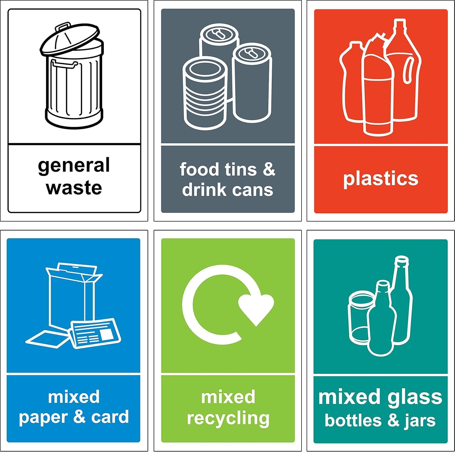 Recycling bin Sign/Sticker pack - Pack of 6 Self adhesive Stickers (300mm x 200mm)