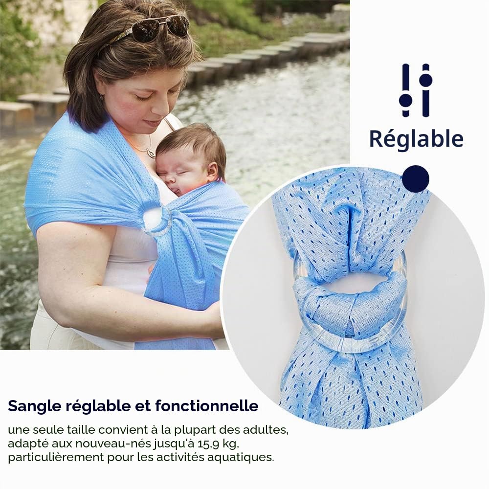Écharpe de portage réglable pour bébé, anneau aquatique pour bébé, porte-bébé en maille respirante et à séchage rapide, parfait pour l'été, la natation, la piscine, la plage (Bleu clair)