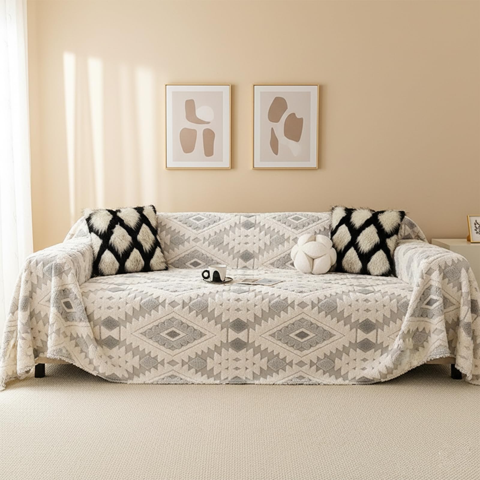Lar Funda de sofá de felpilla, resistente a los arañazos para gatos, manta de invierno suave y cálida, manta de sofá ométrica para sala de estar y cama (gris, 180 x 340 cm)