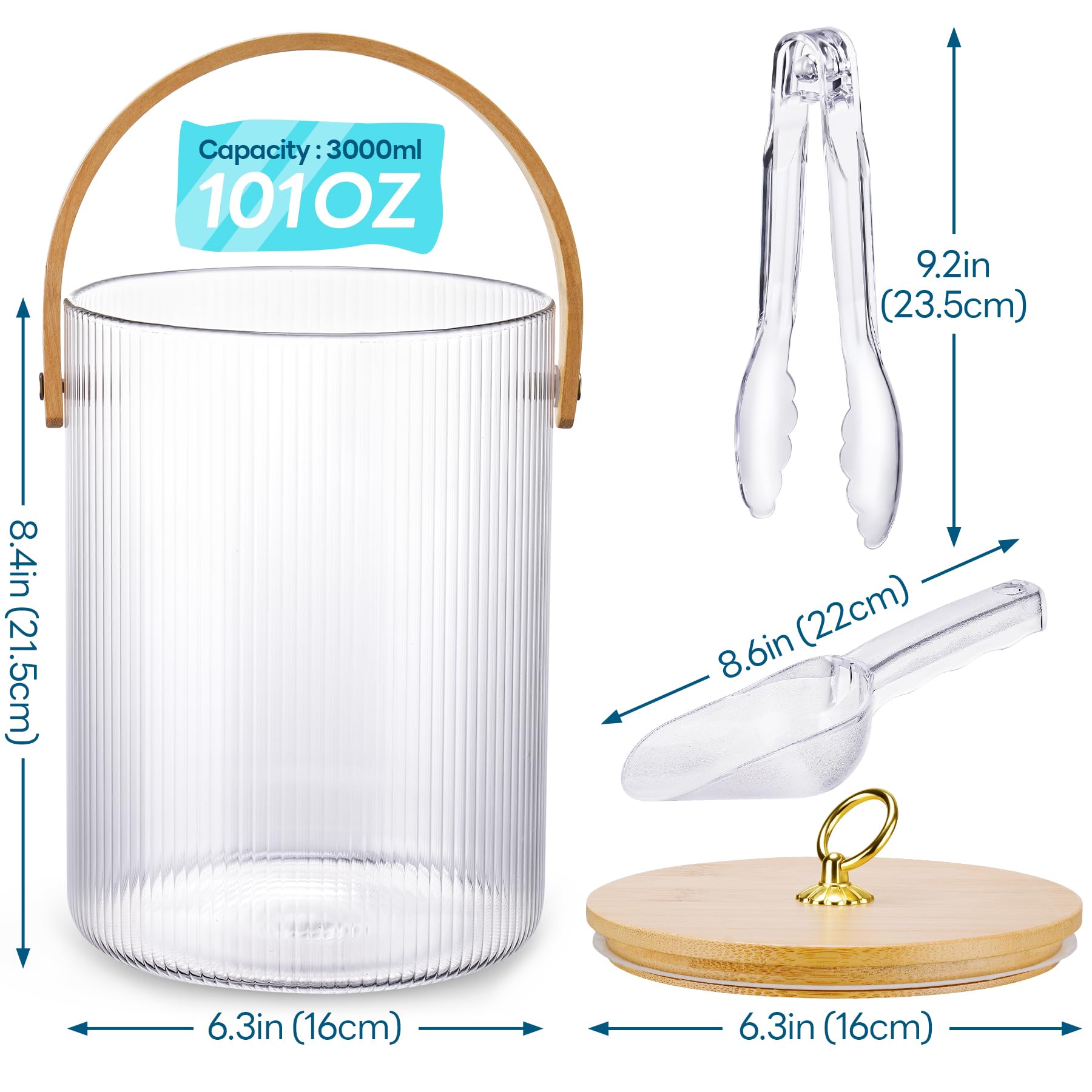 NiHome 3L Glas Eiswürfelbehälter mit Bamboo Deckel, Schaufel & Zange – Eiskübel mit Griff und rutschfester Basis, Eisbehälter für Eiswürfel, ideal zum Kühlen von Bier, Wein und Sekt bei Party oder Bar