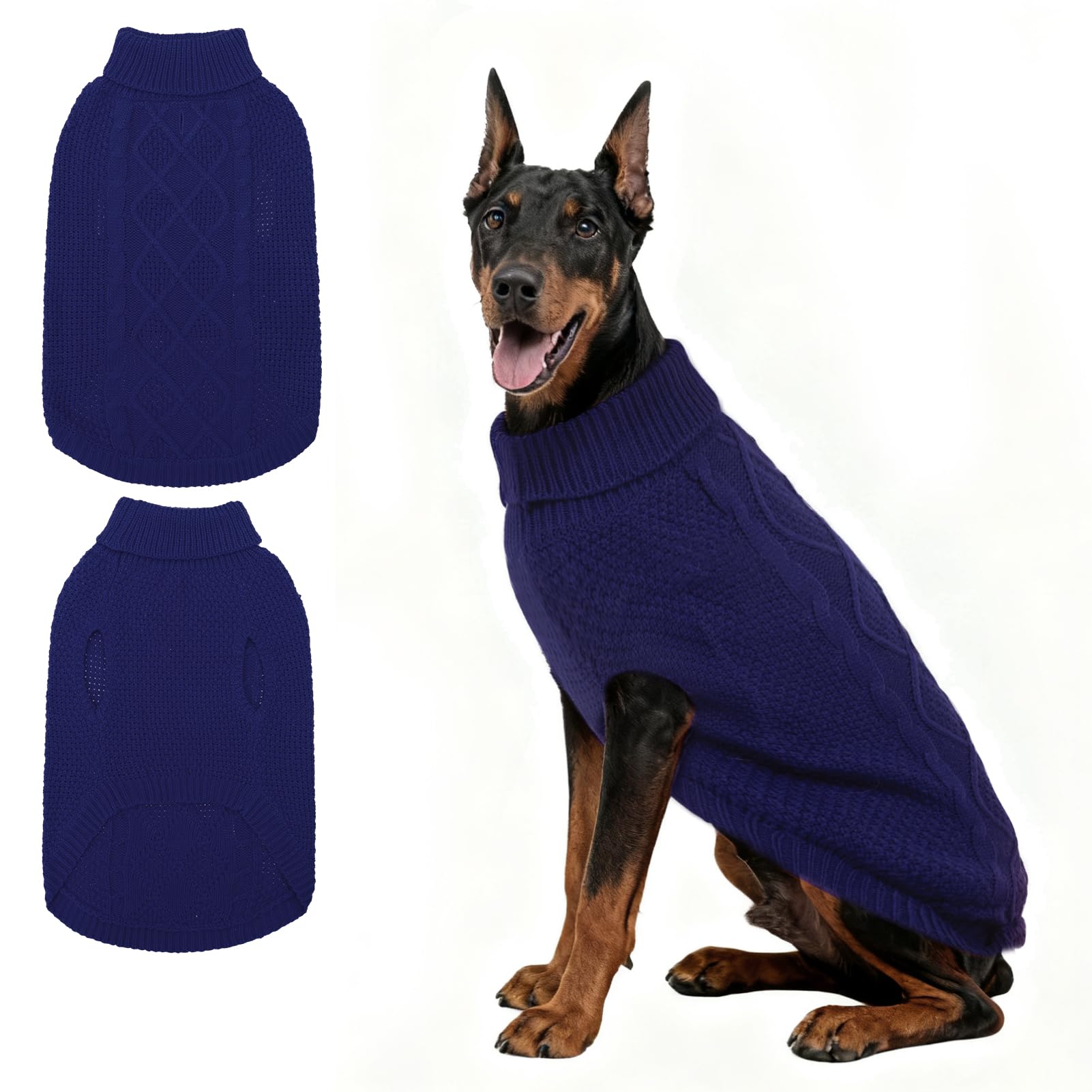 Mihachi Turtleneck Dog Sweater - Winter Coat Apparel Classic Cable Knit Clothes with Leash Hole for Cold Weather, for Pet in New Year Navy Blue 2XL